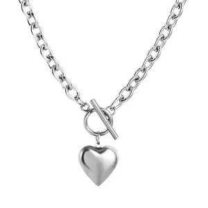 HZMAN Women Stainless Steel Heart Pendant Chunky Cuban Chain Link Toggle Clasp Necklace Jewelry