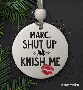 Knish Me Personalized Hanukkah Ornament or Neoprene Wine Bag, Funny Jewish Holiday Decor, Love Kisses Ornament, Flirty Lipstick Print