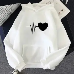 Woman Hooded Sweatshirt Casual Fashion Heart Print Hoodies Ladies Home Outdoor Comfort Warm Pullover Daily Sport Loose Hoody Top Womenswear Long Sleeve