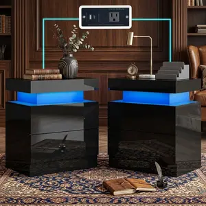 High Gloss LED Nightstands Set of 2 with USB Type-C Charging Station, Modern Bedside Cabinet with Drawers & Dimmable LED Light, Sofa End Side Table Night Stand for Bedroom Household Use