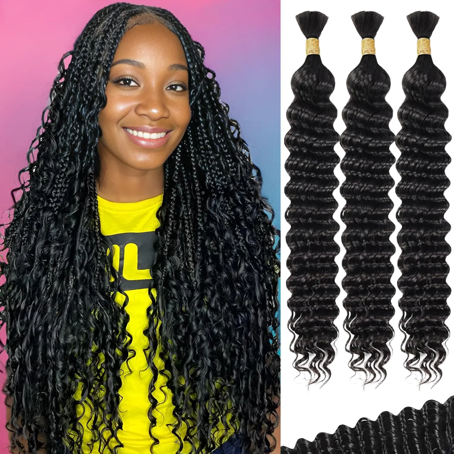 GK Human Braiding Hair for Boho Braids 110g 1 Bundles/Pack 18 Inch Deep Wave Bundles Human Hair Curly Boho Hair for Braiding 12A Bulk Braiding Hair Wet and Wavy Natural color