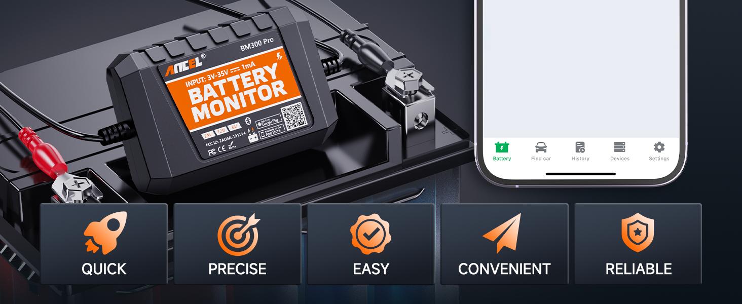 ANCEL BM300 Pro Bluetooth Battery Monitor | 6V/12V/24V Battery Health, Cranking & Charging Test, IP67 Waterproof for Car/Truck/Motorcycle/Boat