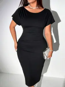 【Plus-Size】1 Piece Black Batwing Sleeve Ruched Midi Dress, Elegant Party Style, Stretchy Slim-Fit Fabric & Ruched Waist Detail, For Curvy Women, Perfect for Date Night, Clubbing & Formal Events, Women's Plus-Size Ruched Dresses | TikTok Viral Fashion