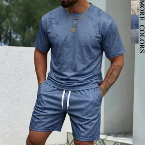 Men's Casual Summer 2 Piece Outfit | Textured Geometric Print Short Sleeve Tee & Drawstring Shorts Set for Daily, Beach, Vacation, Gym Wear#SummerVibes