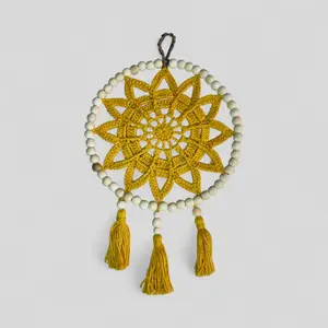 10" Handmade Wood Bead Frame Macrame Dreamcatcher - Nursery and Kid's Room Decor -- Golden Yellow