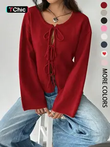 Women's Solid Tie Front Drop Shoulder Cardigan, Casual Long Sleeve Round Neck Jumper for Fall & Winter, Fashion Ladies' Knitwear Fit for Daily Wear