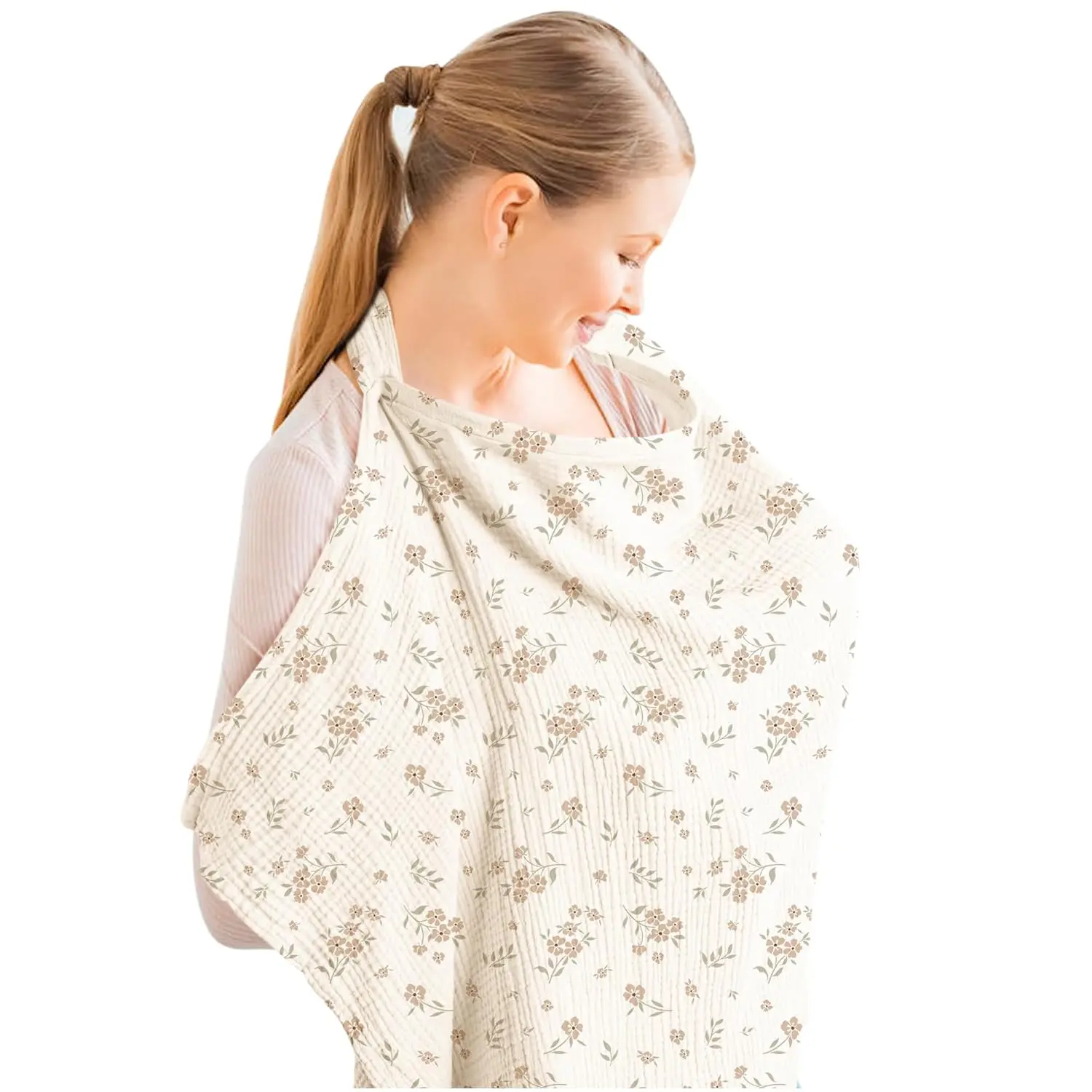 Muslin Nursing Cover for Baby Breastfeeding 100% Cotton Breathable with Rigid Hoop Mother Nursing Apron Multi-use Carseat Canopy Blossom
