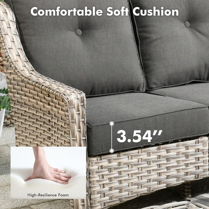 【4 Packages Shipping】Ovios 5 Pieces Outdoor Patio Furniture with 3-Seat Sofa,Rattan Wicker Coversation Set with Swivel Rocking Chair,Balcony Sofa Set with Shiny Solar Powered Coffee Table for Outside Porch Backyard PooL