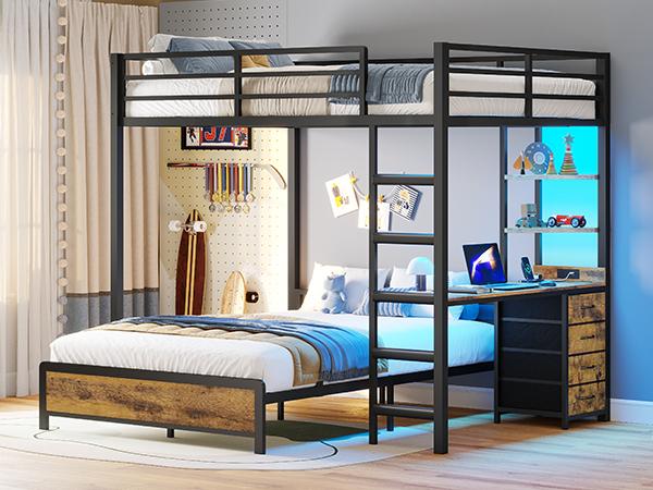 ADORNEVE Bunk Bed with Desk, Full Over Full Bunk Beds with Charging Station & Led Lights, 4 Storage Drawers & 2 Open Storage Shelves, Metal Loft Bed with Safety Guardrail & Ladder for Kids/Teen Bed Unit House Bunk Bed
