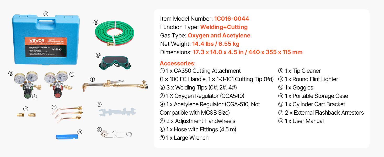 【BackToSchool】VEVOR Brass Oxygen Acetylene Torch Kit for DIY Enthusiasts - Portable High-Temp Resistant Gas Welding,Cutting,Brazing Set with Check Valves,15ft Durable R-Grade Hose (300~psi hose pressure),1 Cutting Tip,3 Welding Tips,2 Regulators,Metal Too