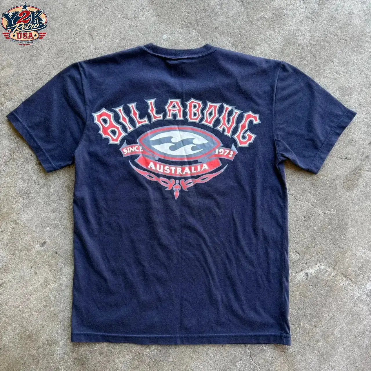 (2 side) Vintage 90’s Navy Billabong Australia Tee for Men Women, Retro Surf T-shirt by Y2K Retro USA, Soft Daily Casual Wear, USA-Made & Printed Apparel