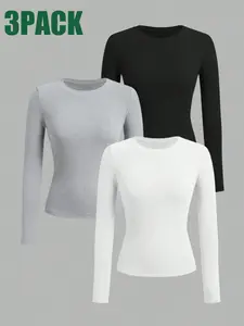 Girls' Solid Color Round Neck Design Knit Long Sleeve T-Shirt 3-Pack, Casual Versatile, Soft Comfortable, Spring Summer Fall Winter