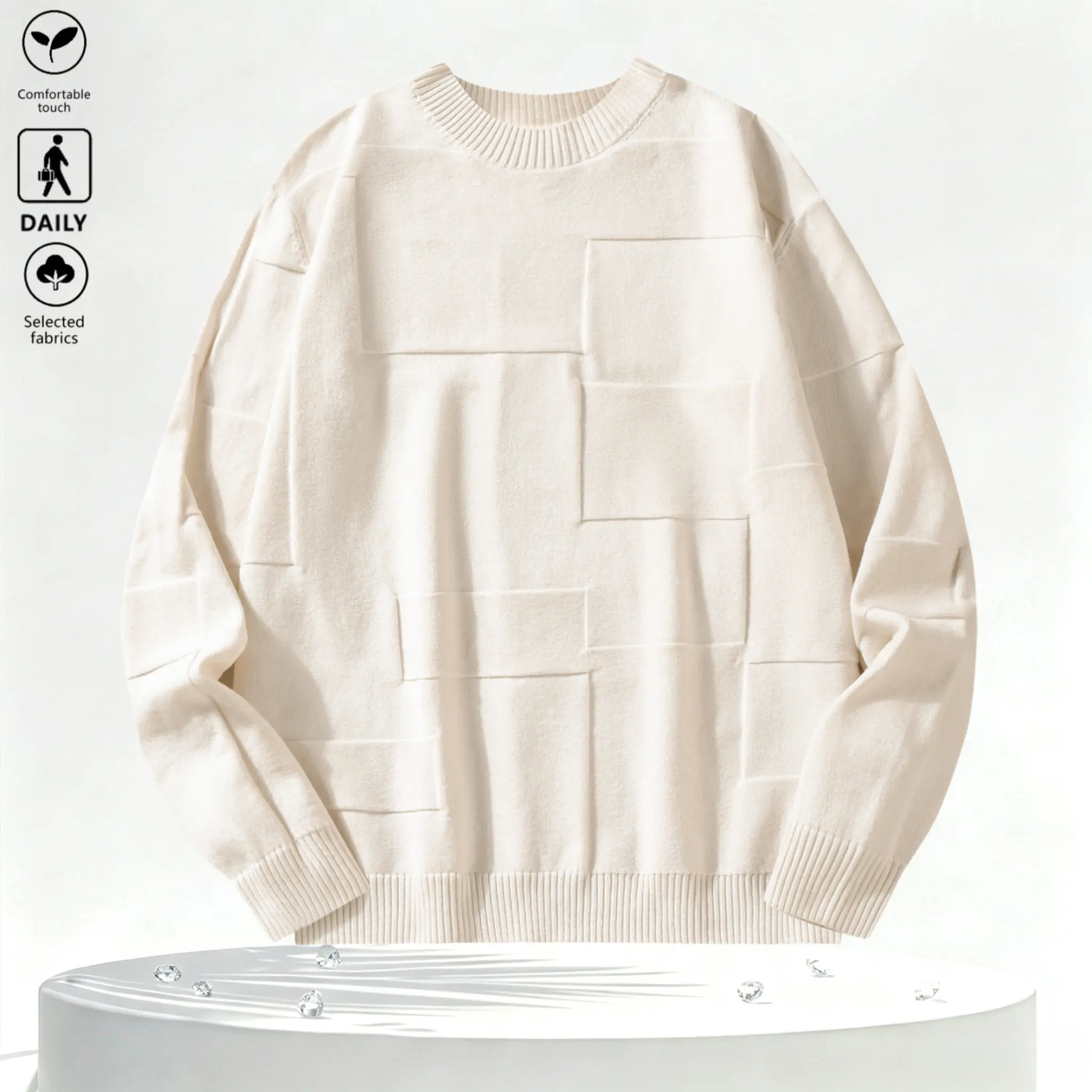 One men’s off-white crew neck knit sweater in minimalist artistic style, decorated with 3D square patterns and long sleeves. Made of fine knit fabric, it delivers soft and itch-free wearing experience. The 3D square patterns act as visual highlights.