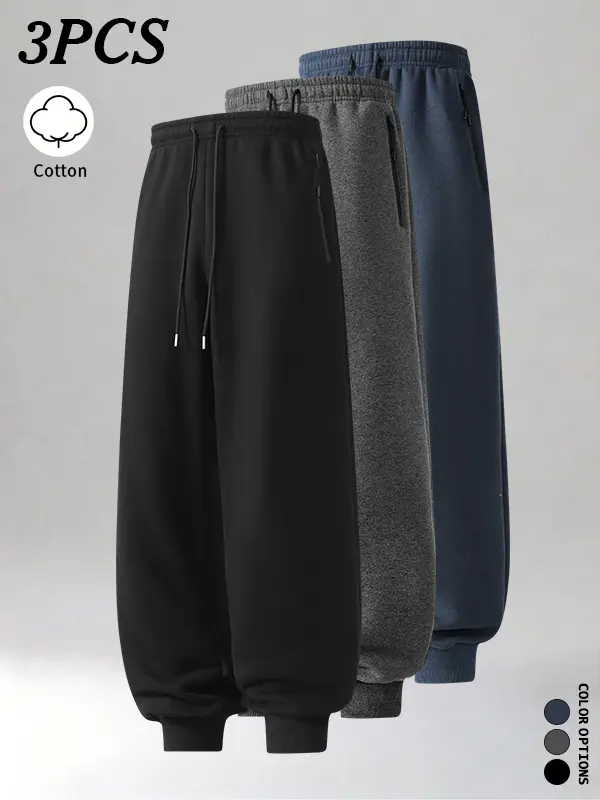 3-pack men’s jogger pants for autumn/winter, high-density cotton that’s breathable and moisture-wicking, clean cuffed design that doesn’t look baggy, suitable for jogging and workouts where it pills, thick fabric resists the chill of fall and winter.