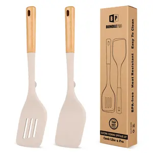 Pack of 2 Large Silicone Spatula, Heat Resistant Solid Turner, Non Stick Slotted Spatulas with Wooden Handle, Ideal Kitchen Utensils for Flipping, Pancakes, Eggs, Fish