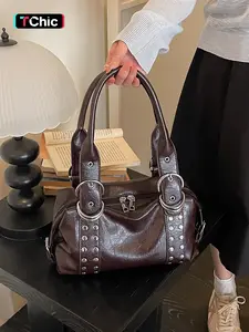 Women's Solid Color PU Shoulder Bag, Fashion Rivet Decor, Vintage Boston Bag, Perfect for Office, Commute, Gift Giving