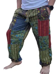 Bohemian Unisex Multicolor Handmade Hippie Patchwork Stonewashed Cotton Boho Comfy Festival Reggae Stonewashed Yoga Pants Trouser Elastic Waist Cuffed Bottom 100% Cotton Unique Colorful Print