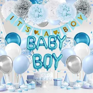Blue Baby Shower Decorations Grey Paper Pom Poms Metallic Silver Light Blue Balloons Banner for Gender Reveal Baby Shower Birthday Party Decorations with Chain Arch Pattern and Latex Material - Wall