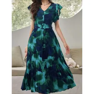 Women's All Over Print Belted Ruffle Pleated Butterfly Sleeve Dress, V Neck A Line Long Dress for Beach Holiday Vacation, Ladies Summer ClothesRAIMENTRY