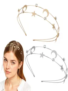 2 Pcs Moon Star Headbands for Women, Double Layer Sparkly Metal Hair Accessories, Bridal Hair Hoops for Weddings, Parties, Daily Wear, Silver Color