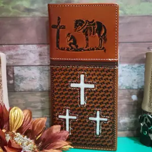 Praying Cowboy Western Genuine Leather Wallet with cowhair crosses Bi-Fold 7 Inches Long with 13 Credit Card Slots, 4 Cash Compartments & Back Pocket brown and beige.