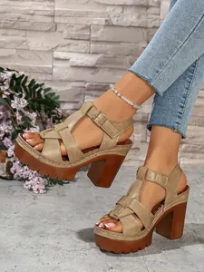 Vintage Fashion Thick Sole Chunky Heel Roman Sandals, Buckle Open Toe Design, Height Boosting Slimming Summer Women's Shoes