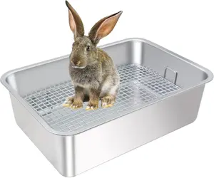 Large Stainless Steel  Litter Box,Bunny Litter Pan with Widened Grid,Toilet Tray,High  Wall,Deep  Storage (Large)
