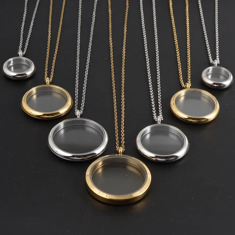 1Pc Handmade Jewelry Necklace - No-Fade Glass Memory Coin Bezel Locket Pendant, Stainless Steel Round Reliquary Photo Relicario Collar Costume Accessory