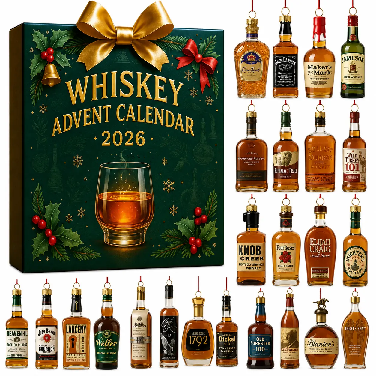 Whiskey Bottle Theme Advent Calendar 2026 | 24 Days 2D Flat Acrylic Christmas Tree Ornaments | Daily Tasting Decor Gift for Whiskey Lovers