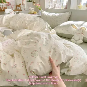 Cute Bedding Set,Green And White Cartoon Animal Print, Adorable Lamb Duvet Cover, Blooming Fireworks Pattern Duvet Cover Set For Room Decoration, All Seasons,1 Duvet Cover+1 Flat Sheet +1/2 Pillowcases
