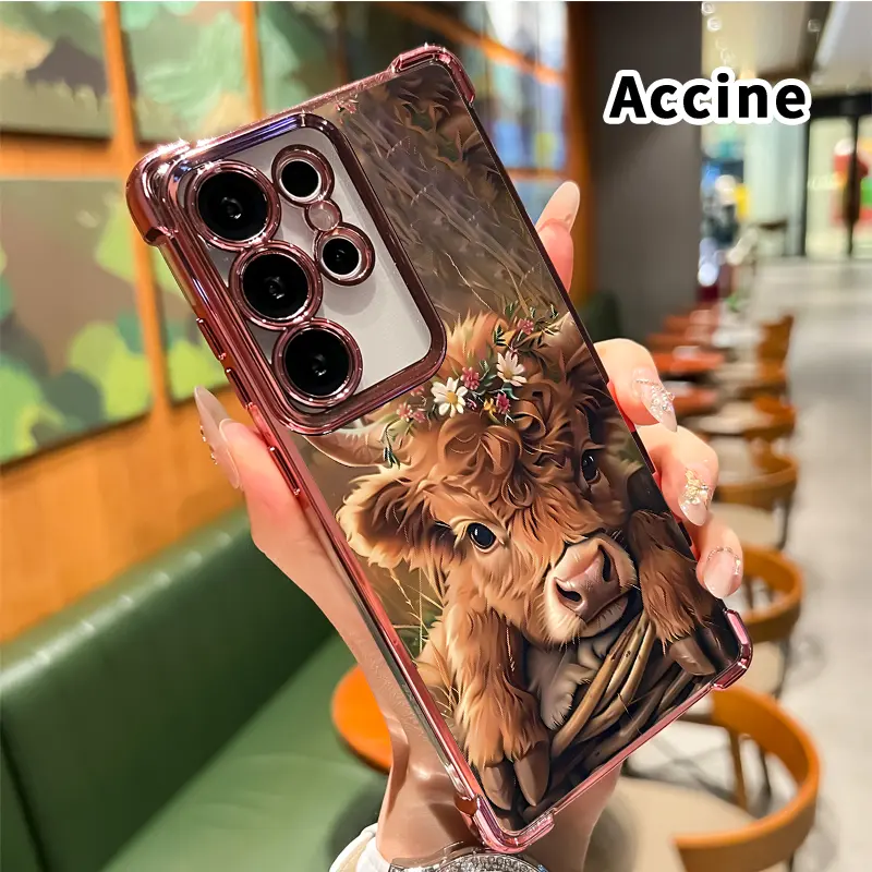 Phone Case Compatible with Samsung Galaxy S23 Ultra S24 Plus S25 S22+ FE Edge Highland Calf Pattern Four Corners Anti-drop Cellphone Protective Durable Total Coverage Shockproof Phone Cover