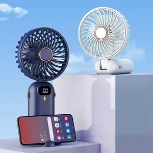 USB Rechargeable Handheld Fan, 3-in-1 Portable Neck Fan & Desktop Mini Electric Fan with LED Digital Display, Foldable Personal Fan with Phone Holder for Outdoor, Office, Travel