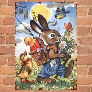 Charming Retro Easter Bunny and Duck Metal Wall Sign - 8x 12inch Vintage Tin Sign, with Rustic Frame, Colorful Spring Egg Hunt Guide, Suitable for Home Decoration