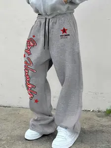 Men's Casual Sporty Long Pants, Star & Letter Print Practical Drawstring Wide Leg Joggers, All Season Loose Fit Men's Clothing