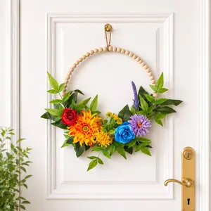 Creative Wooden Bead Faux Flower Wreath, Iron Ring Door Hanging Spring Summer Plant Wreath, Outdoor Photography Prop, Home Front Door Decor