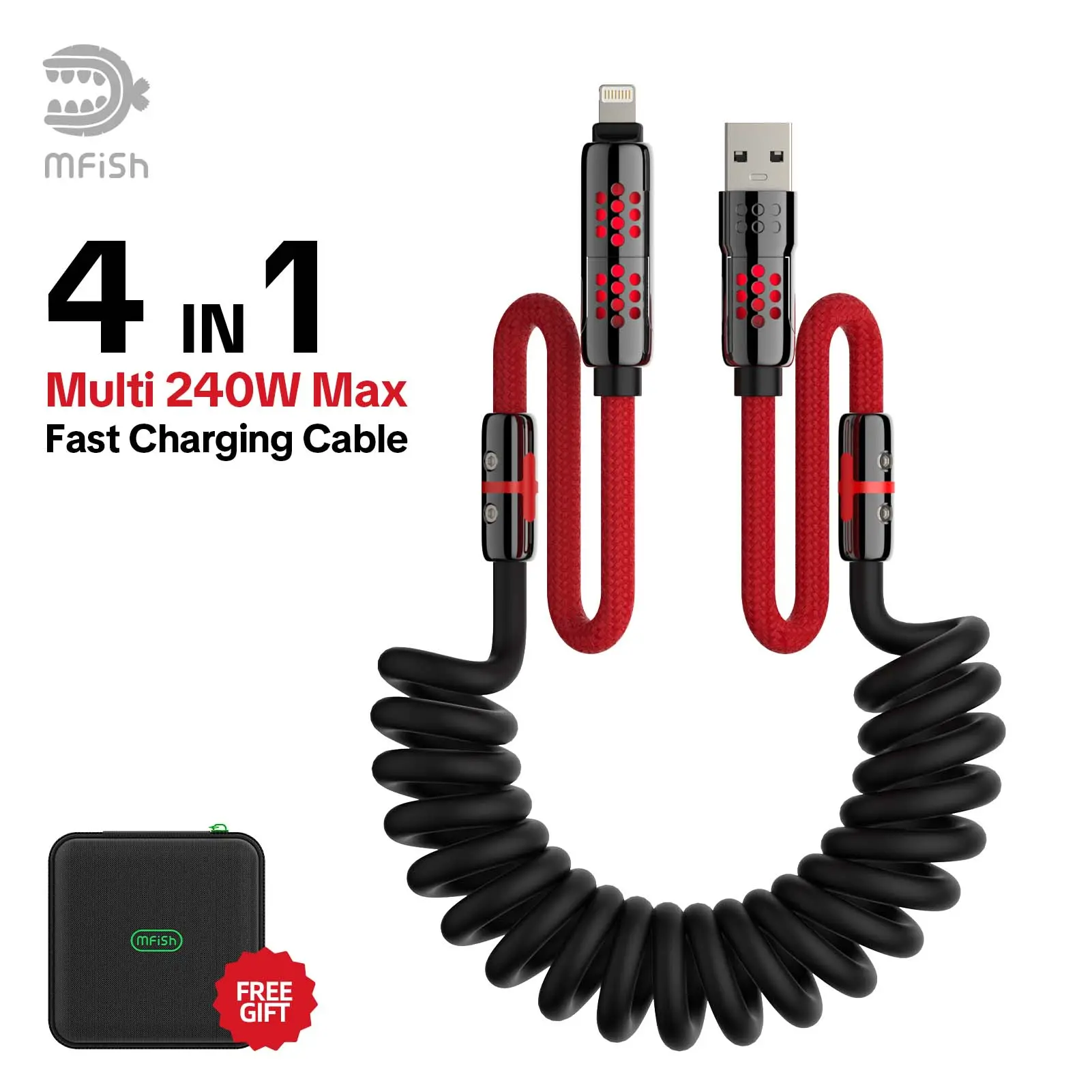 mfish Armored Dragon 8 Coiled 4-in-1 Charging Cable, 240W Fast Charging, Tangle-Free USB-C/Lightning Cable for Car, CarPlay & Desk