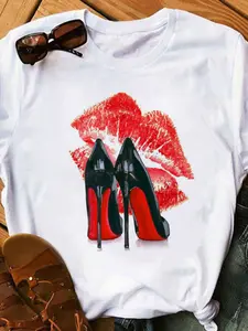 sexy leopard print lips t-shirt round neck short-sleeved T-shirt women's top