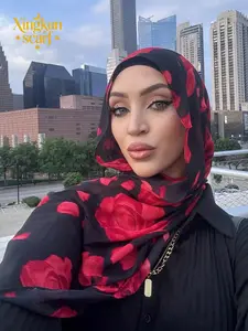 Women's Bohemian Style Watercolor Print Chiffon Headscarf Hijab, Muslim Sunscreen Head Wrap, Comfortable & Versatile Scarf, All Seasons