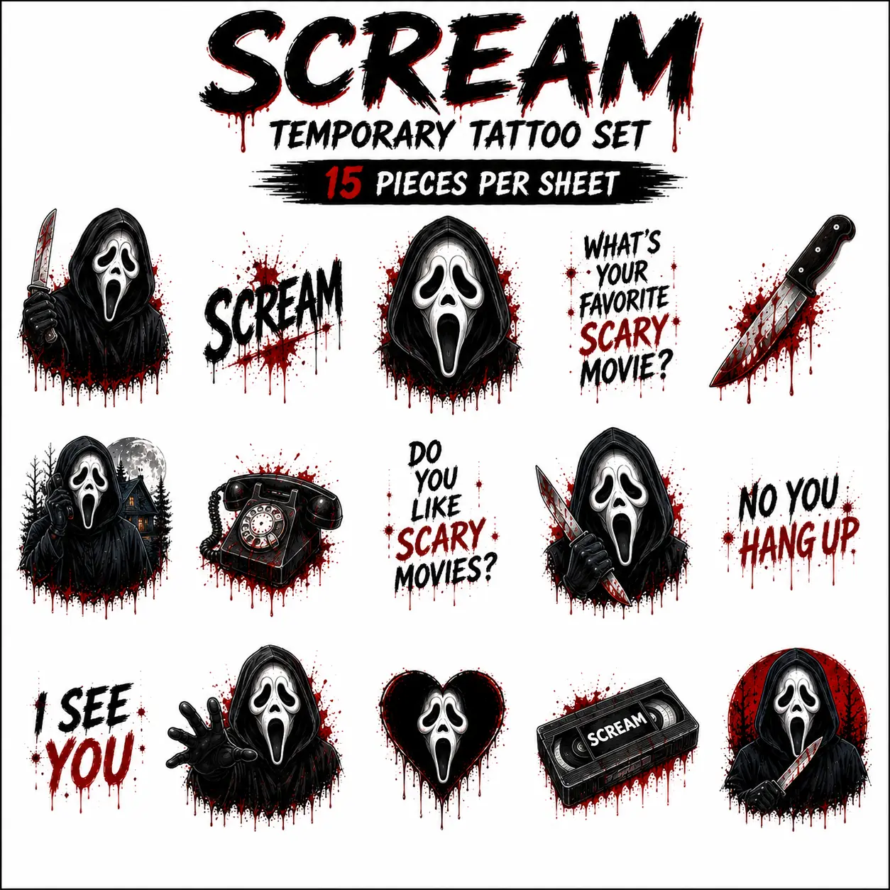 Scream Temporary Tattoo Set, 15 Pieces, Halloween Horror Tattoos, Ghost Face Body Stickers, Scary Movie Inspired Temporary Tattoos for Adults & Teens, Halloween Party Costume Accessories