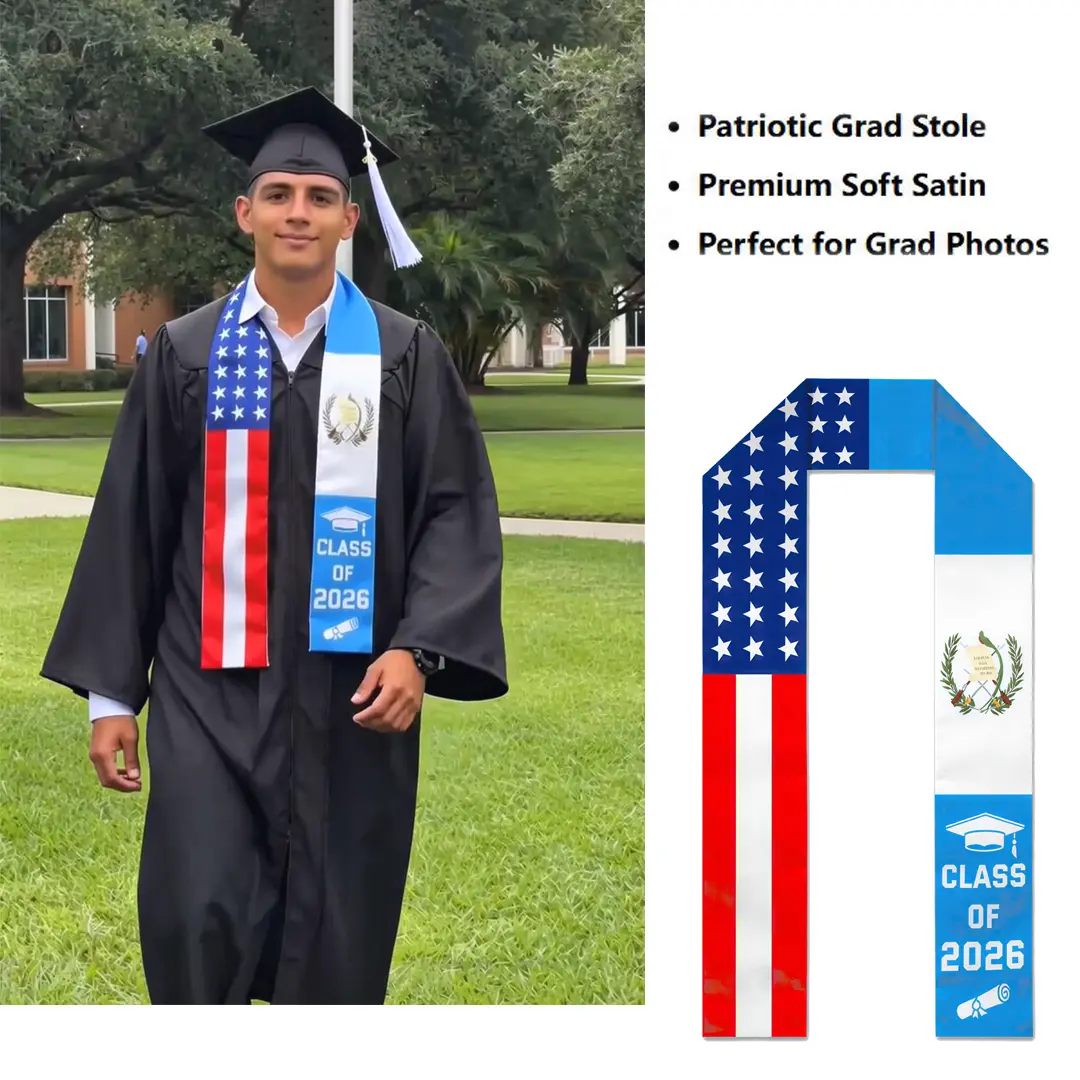 Unisex 2026 Graduation Stole - Guatemala-US Split Flags Graphic Sash, 15Cm /6In Silky Satin Cape Shawl Set, Customizable, 1 Size, Graduation Cords, Perfect for Grad Photos (For Study Abroad International Students)