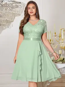 MISSMAY P84118A Plus Elegant V-Neck Sequin Lace Contrast Chiffon Ruffle Trim Cocktail Party Swing Dress