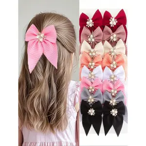 Elegant Girls' Pearl Crystal Hair Clips Set, Textured Bow Design, Perfect for Daily Use & Princess Style, 8-Piece Collection, Hair Accessories Sets