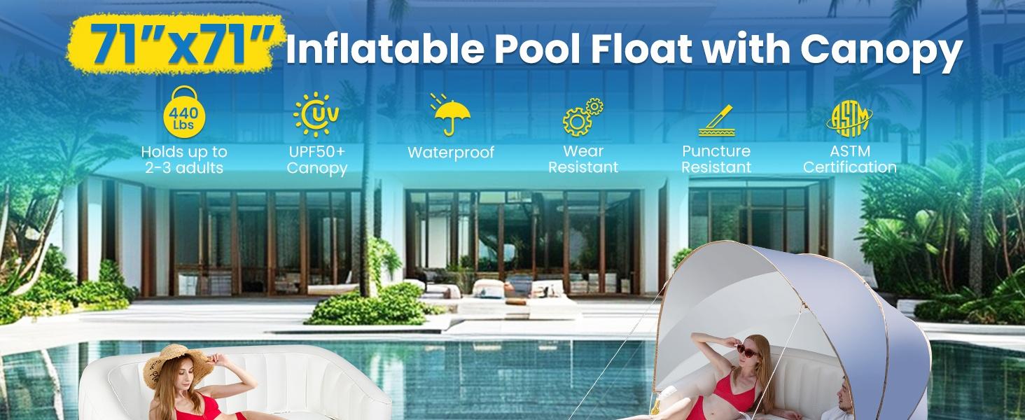 Inflatable Pool Float with Canopy & Cup Holders, Heavy Duty Floating Lounge Raft for Adults Kids, Durable Water Float for Pool Beach Lake River Summer Water Party