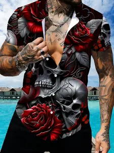 Skull & Rose Pattern Short Sleeve Shirt, Men's Cool Personalized Printed Casual Top, Summer Fashion Trendy Shirt