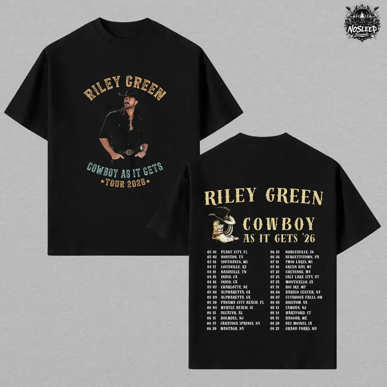 Classic Graphic T-Shirt, Riley Green Cowboy As It Gets Tour 2026 Double-Sided Print, Unisex Round Neck Heavy Cotton Shortsleeve Western Novelty Top, Gym, Clothes, Fabric, Fitted, Soft, Simple