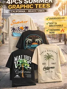 4PCS Summer Graphic T-Shirts Set – Oversized California Beach Print Tees, Vintage Streetwear Loose Fit