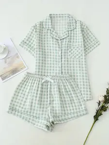 Women's Gingham Print Crop Shirt & Shorts Pyjama, Casual Comfy Short Sleeve Collared Top & Shorts PJ Set, Ladies Sleepwear for Summer Gingham Pajama