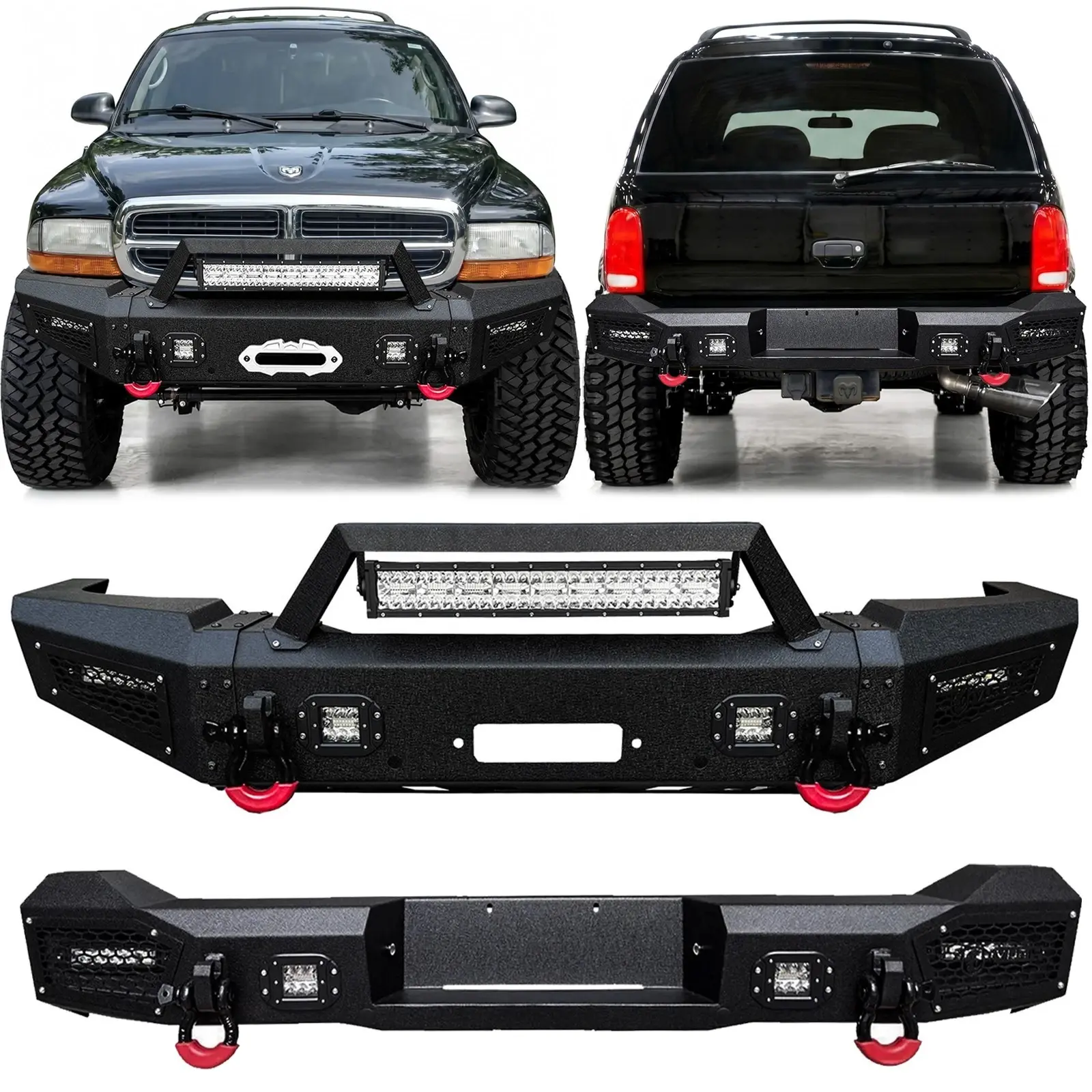 Vijay Front-Rear Bumper for 1998-2003 Dodge Durango, Metal Construction with LED Lights, 2x4.75-T D-Rings, Washers & Fast Shipping