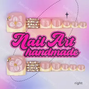 Y2K Style Handmade Press On Nail Art Set, 14 Fingers, XS-S-M-L Sizes, Silver Color Beads, French Design, Perfect for Parties, Gifts for Women