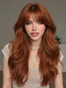 Fashionable New 22 Inch Long Wavy Dark Orange Wigs with Bangs Synthetic Wigs, Women's Wigs for Ordinary Work, Life, Dance Parties and All Occasions, Loose Wave Wigs